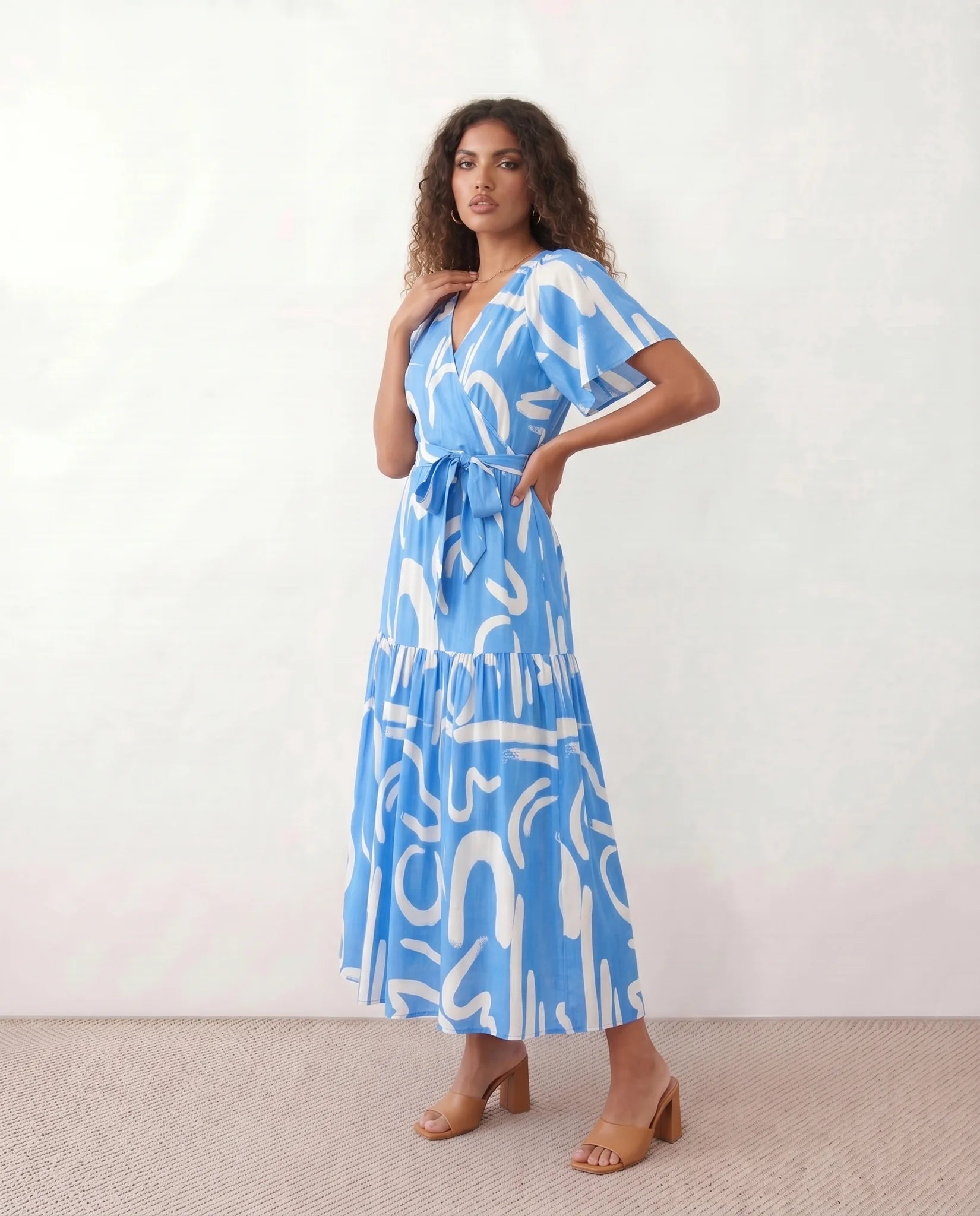 Vera Abstract Print Tie Detail Maxi Dress in Abstract Light Blue — side view