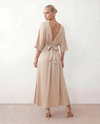 Rhea Wedding Guest V-Neck Maxi Dress in Beige — back view