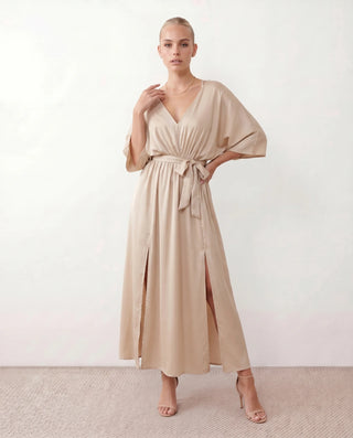 Rhea Wedding Guest V-Neck Maxi Dress in Beige — front view