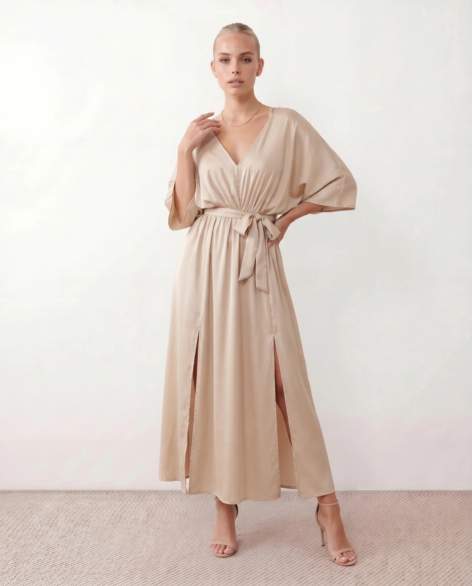 Rhea Wedding Guest V-Neck Maxi Dress in Beige — front view