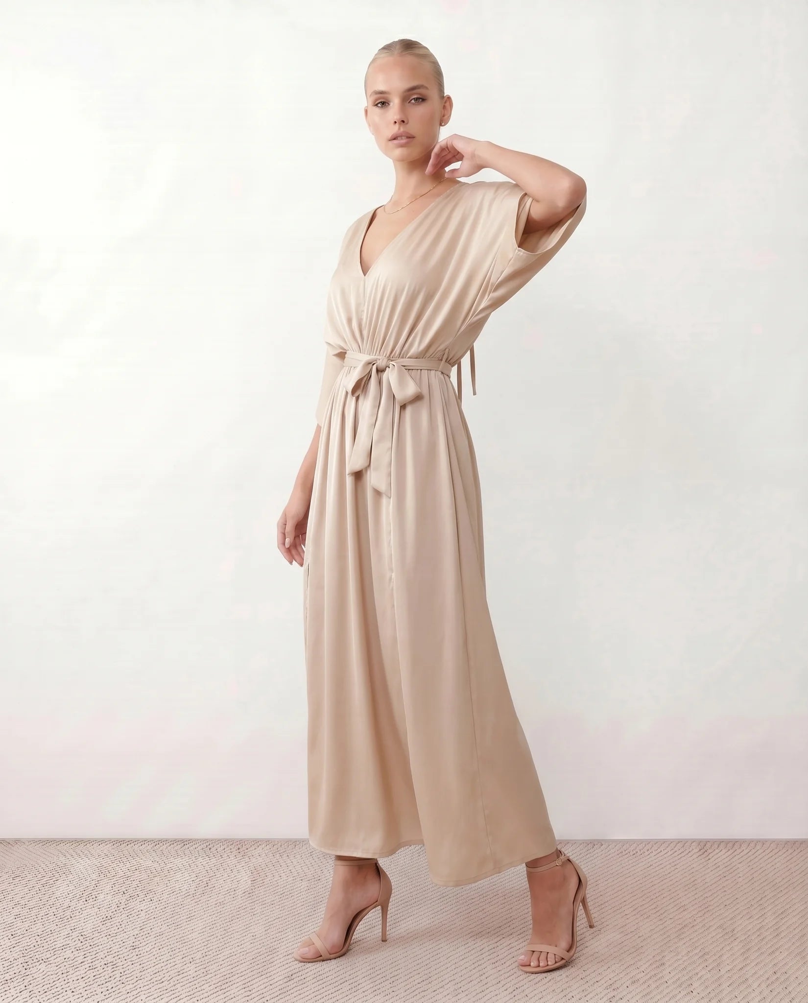 Rhea Wedding Guest V-Neck Maxi Dress in Beige — side view