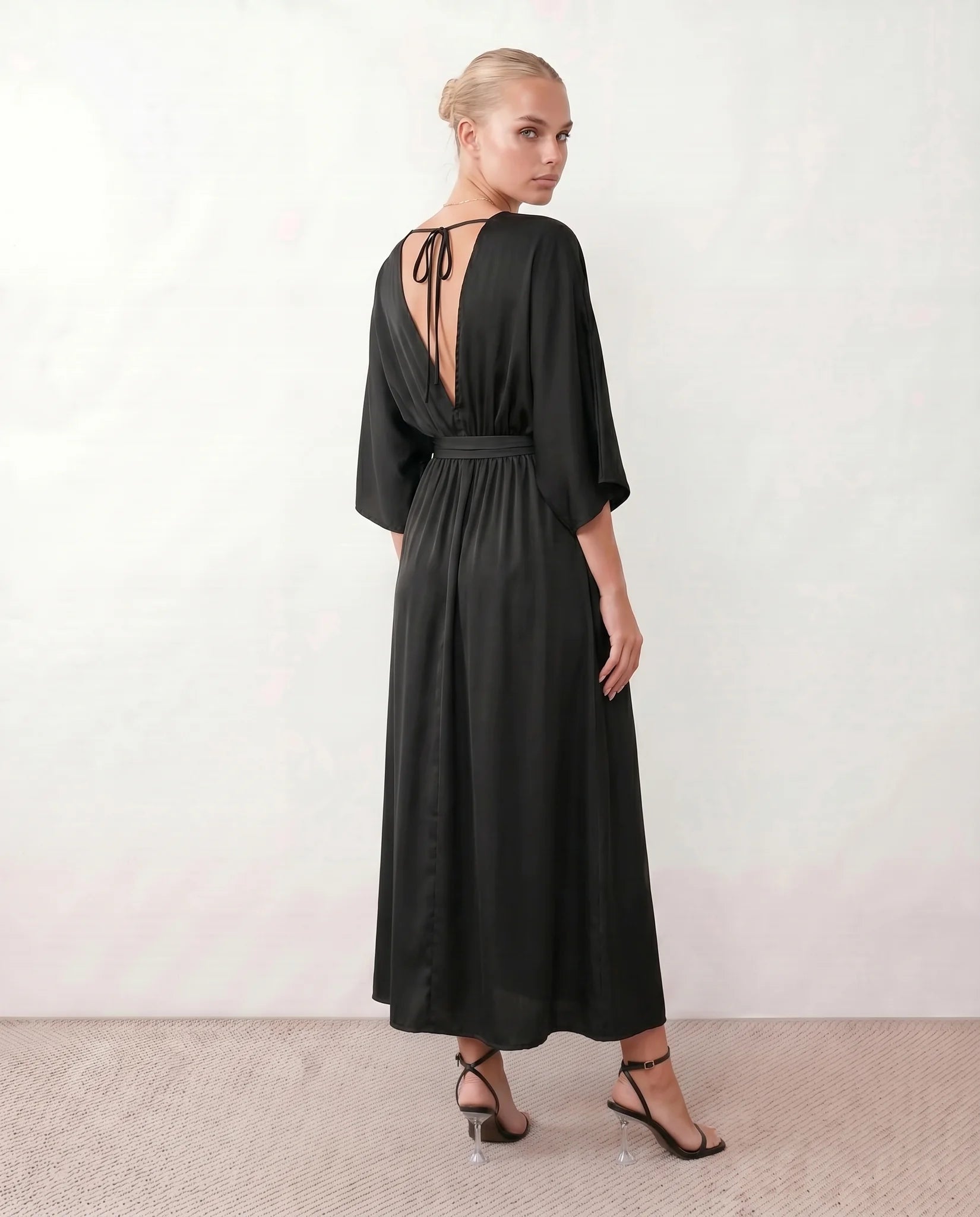 Rhea Wedding Guest V-Neck Maxi Dress in Black — back view