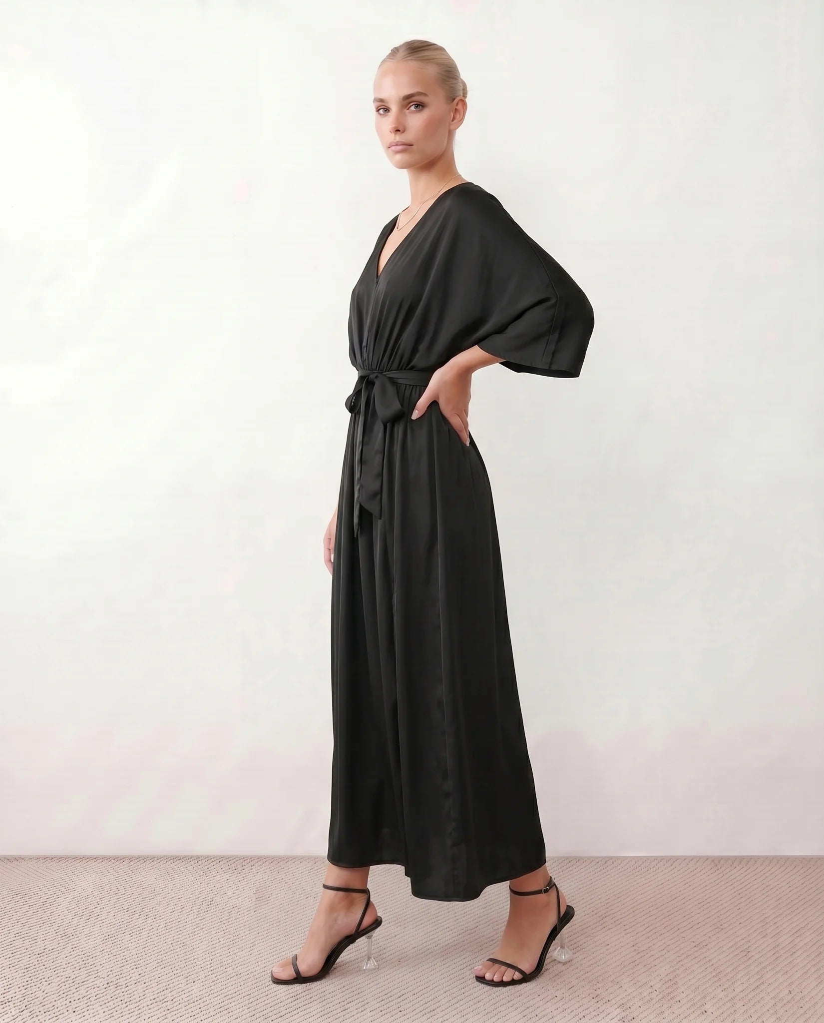 Rhea Wedding Guest V-Neck Maxi Dress in Black — side view