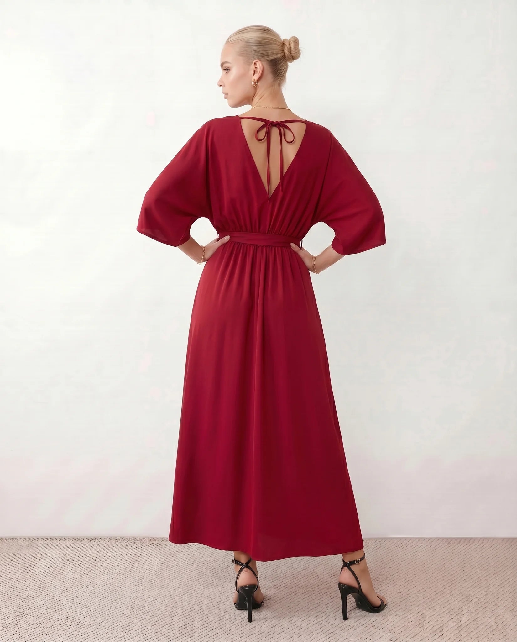 Rhea Wedding Guest V-Neck Maxi Dress in Burgundy — back view