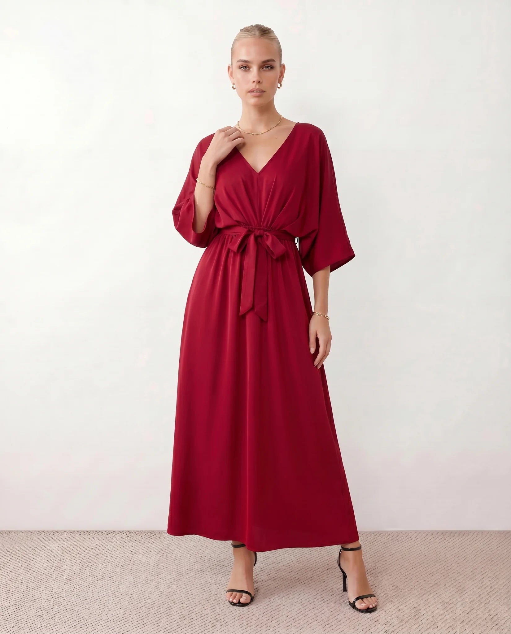 Rhea Wedding Guest V-Neck Maxi Dress in Burgundy — front view