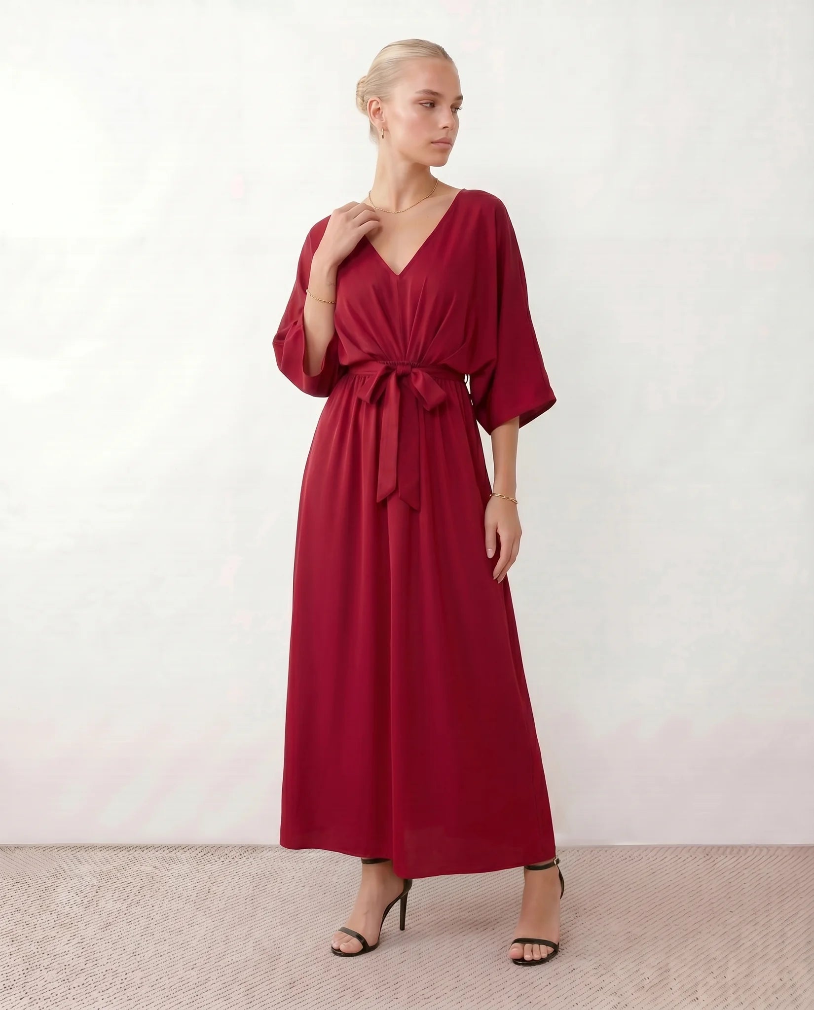 Rhea Wedding Guest V-Neck Maxi Dress in Burgundy — side view
