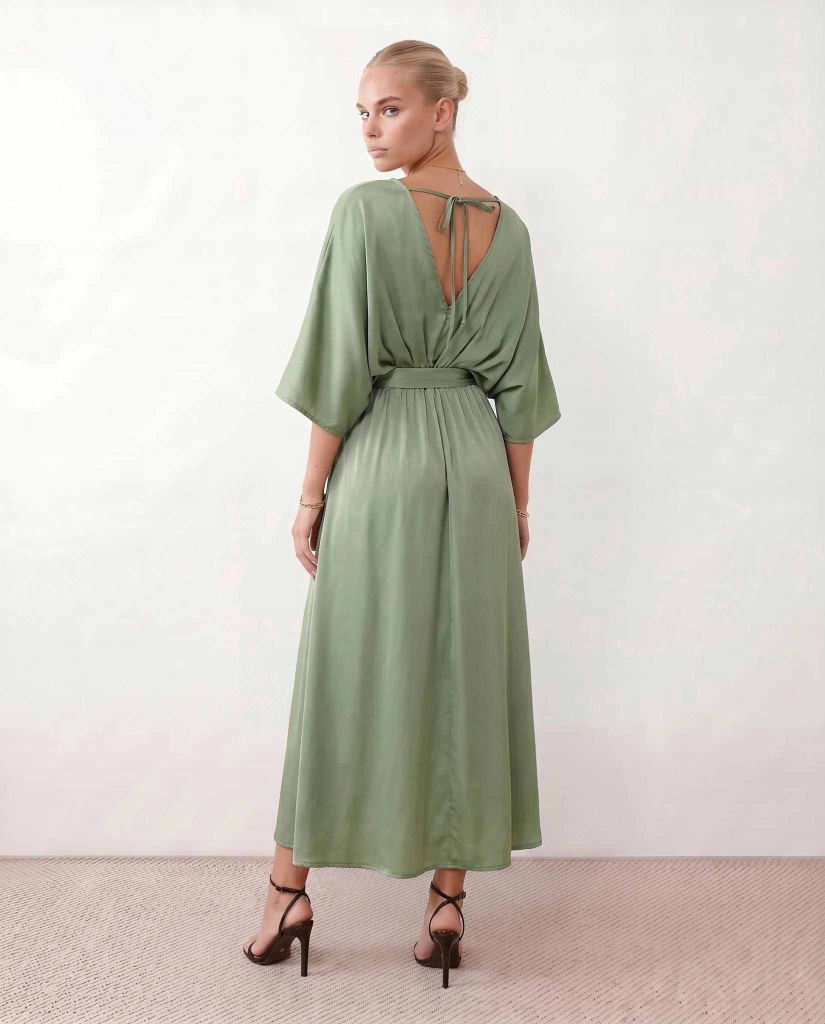 Rhea Wedding Guest V-Neck Maxi Dress in Green — back view