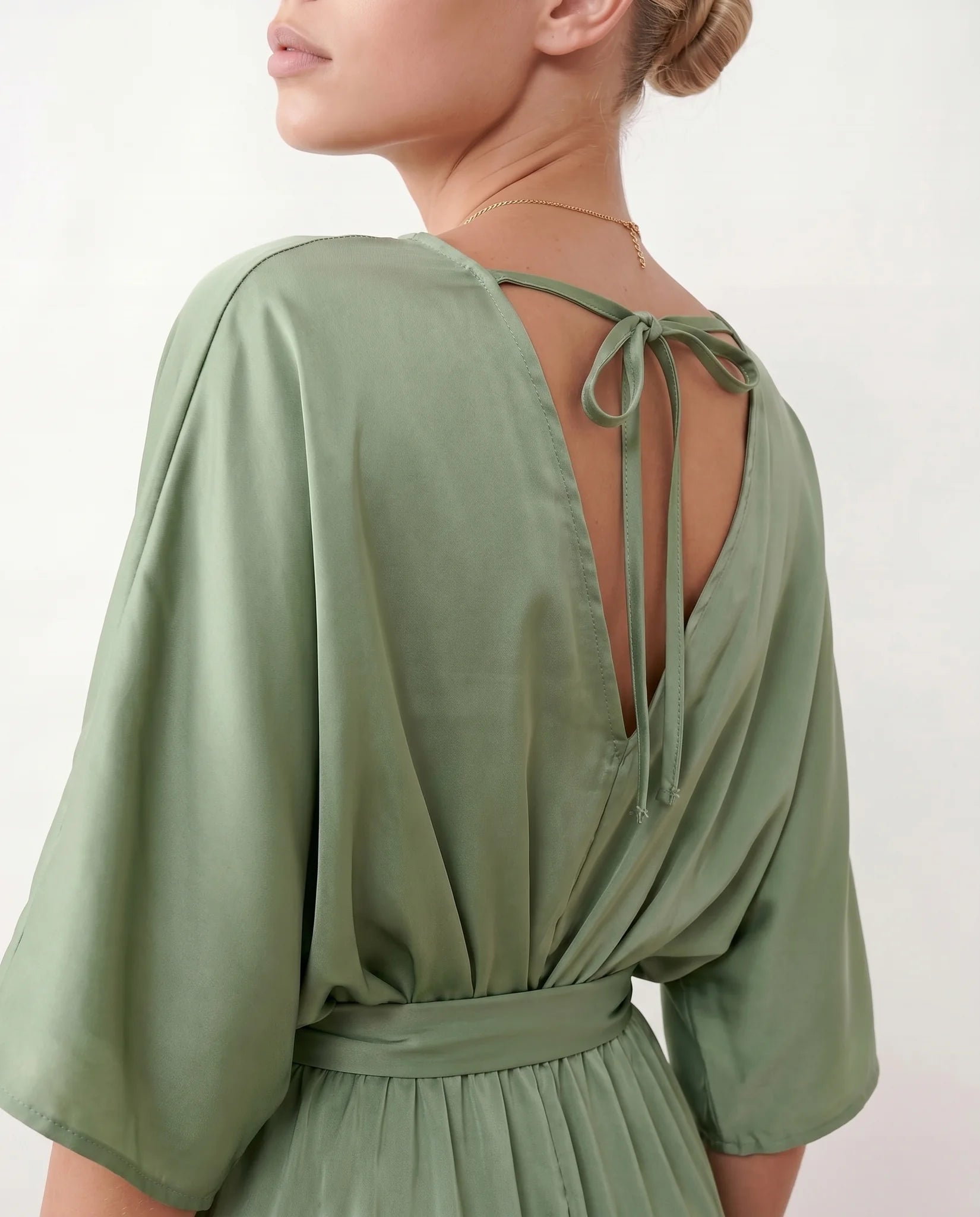 Rhea Wedding Guest V-Neck Maxi Dress in Green — detail close-up
