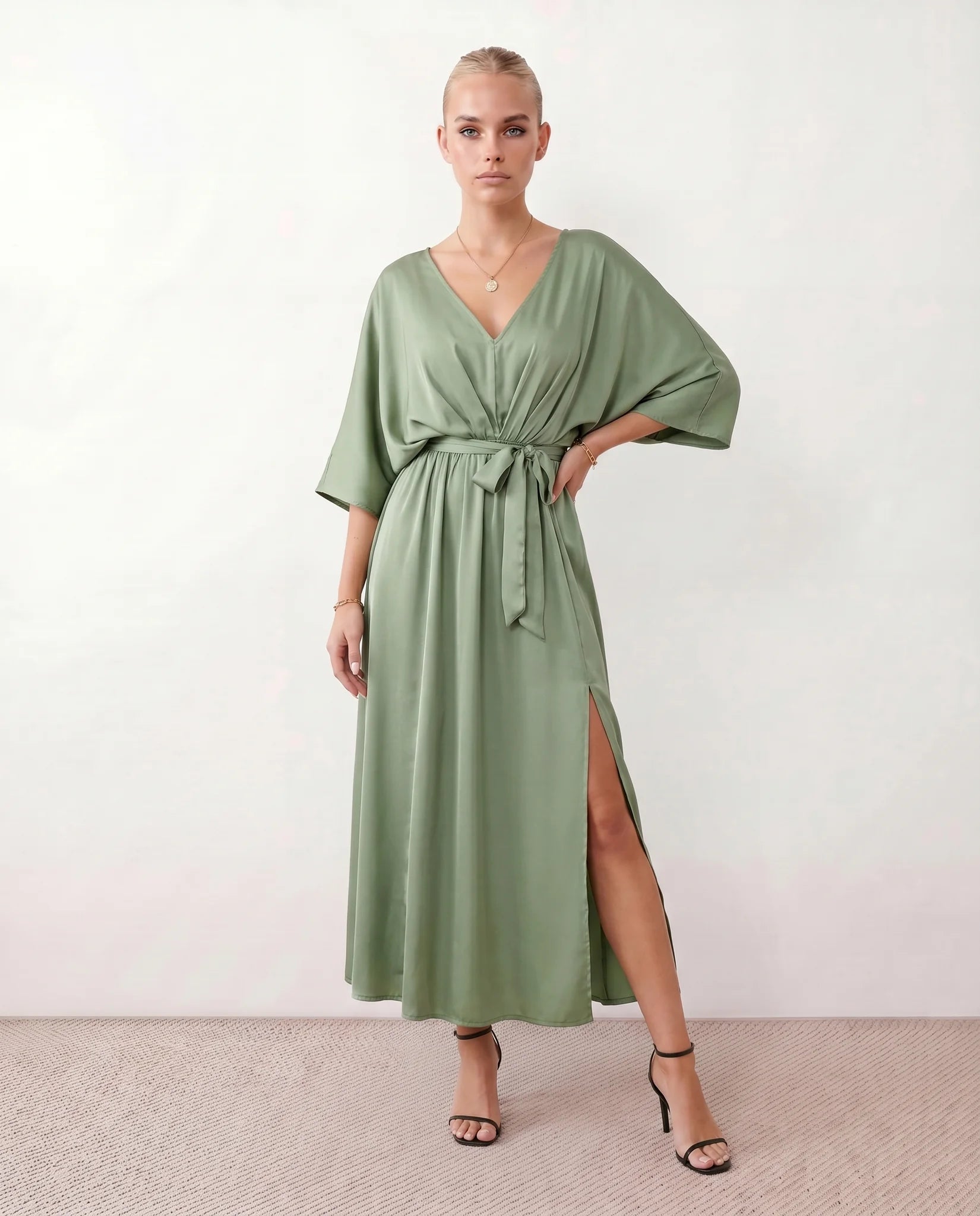 Rhea Wedding Guest V-Neck Maxi Dress in Green — front view