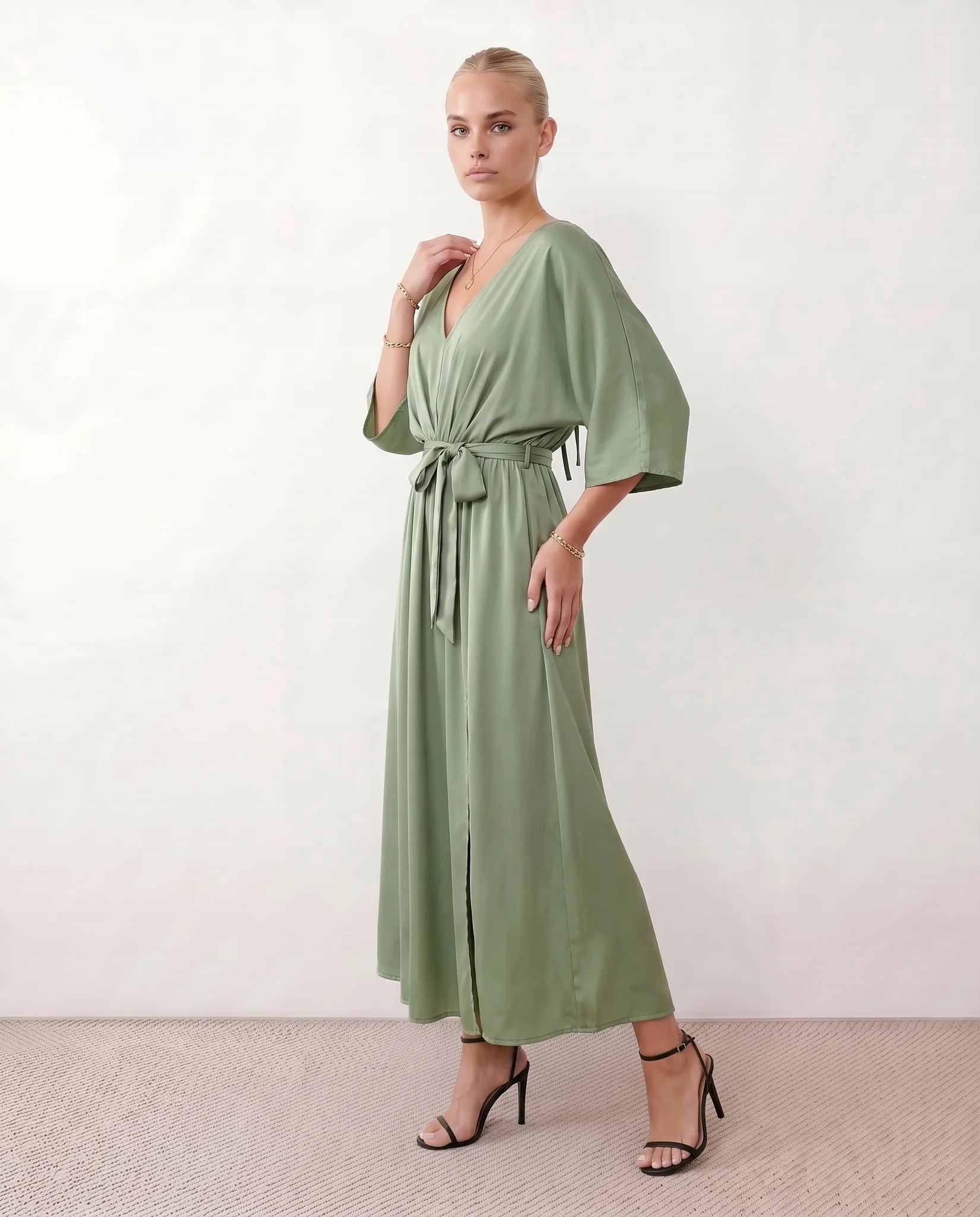 Rhea Wedding Guest V-Neck Maxi Dress in Green — side view