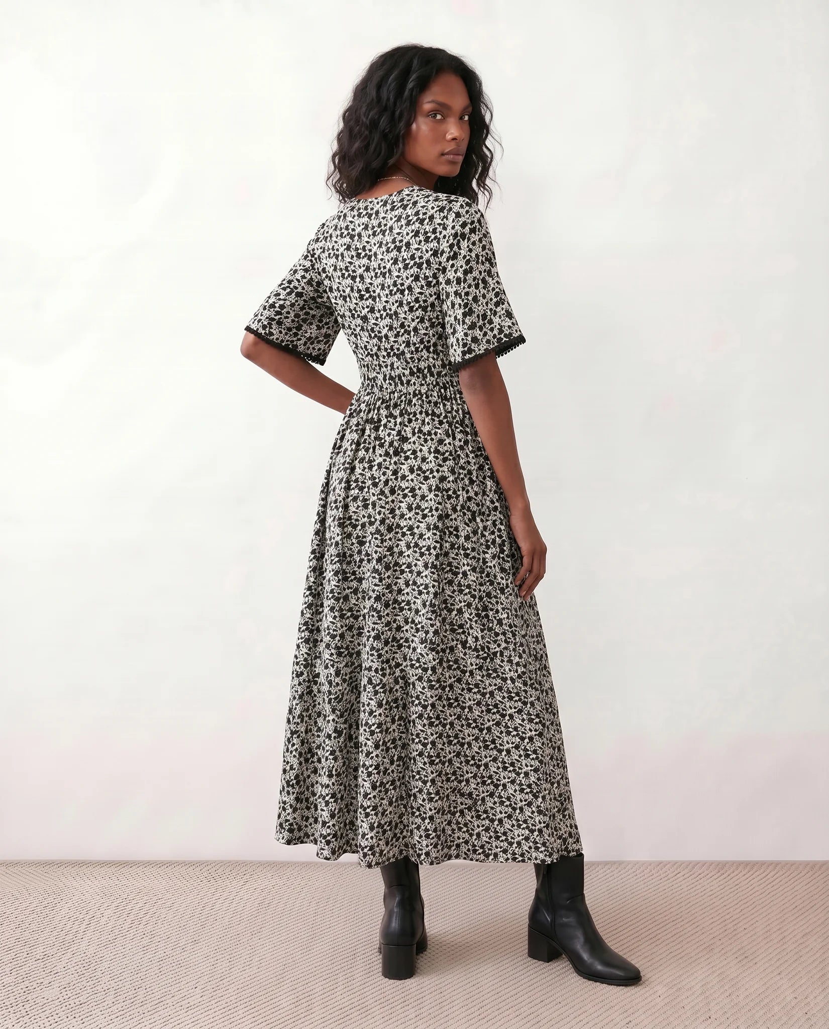 Ines V-Neck Floral Maxi Dress in Black — back view