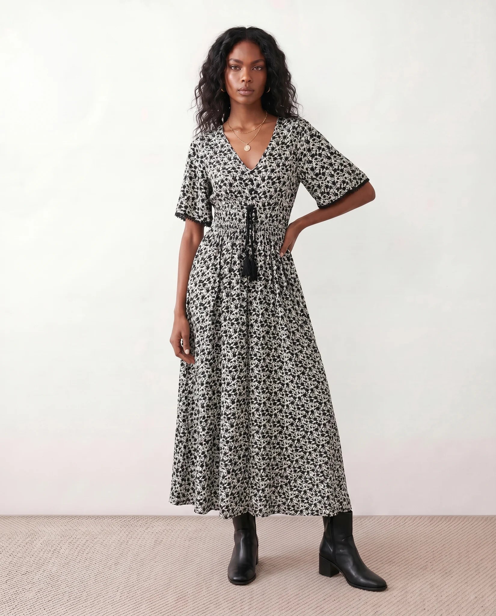 Ines V-Neck Floral Maxi Dress in Black — front view
