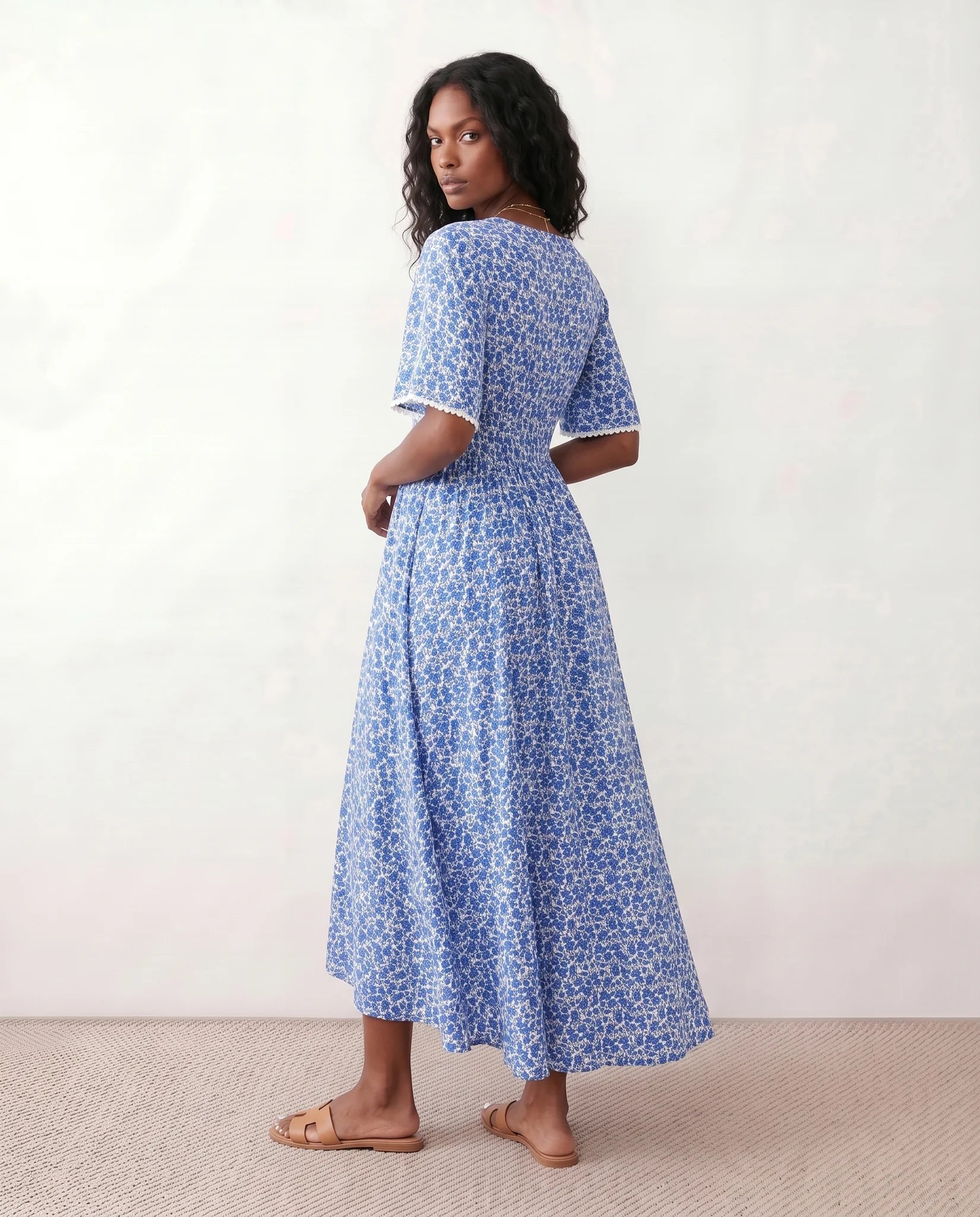 Ines V-Neck Floral Maxi Dress in Blue — back view
