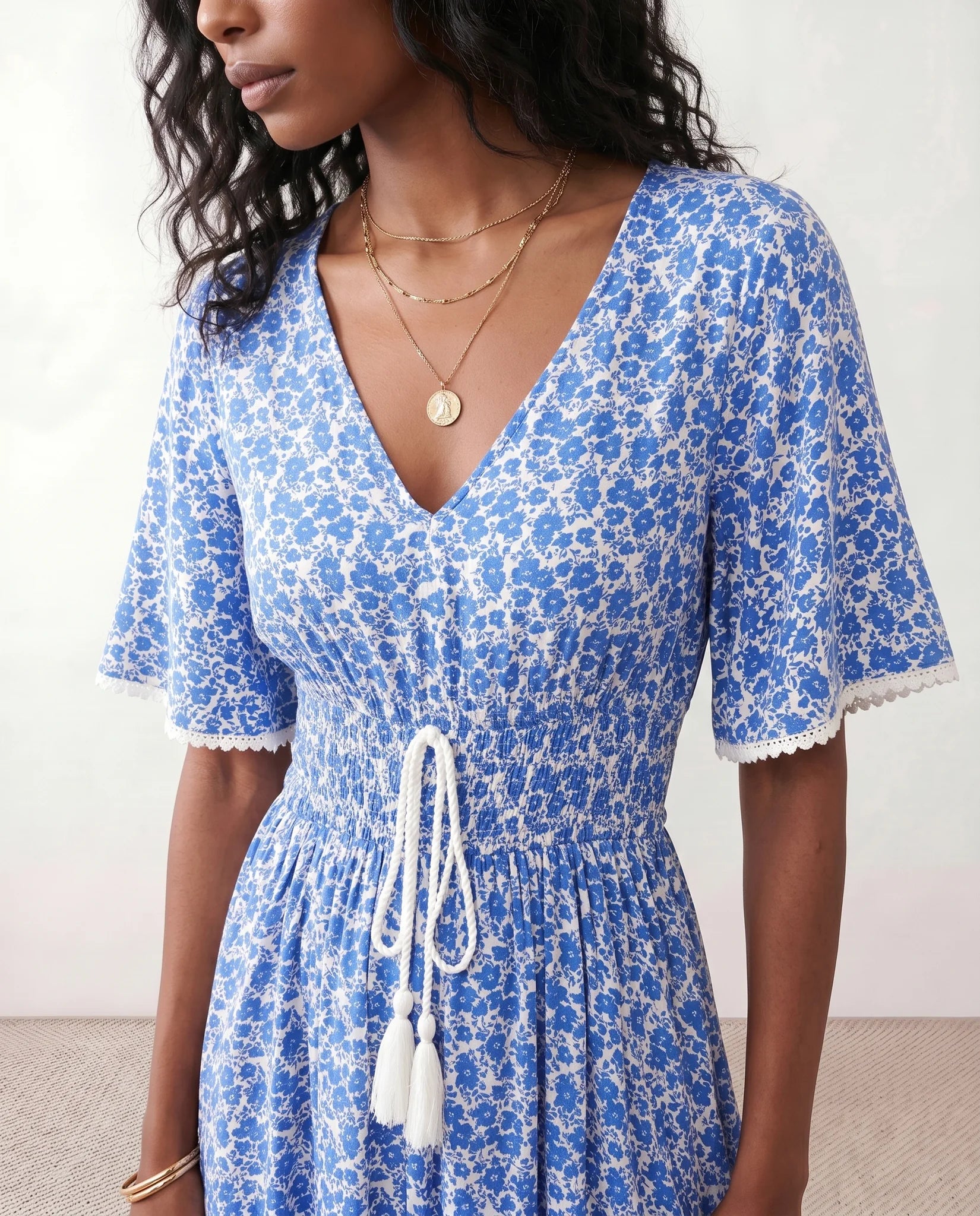 Ines V-Neck Floral Maxi Dress in Blue — detail close-up