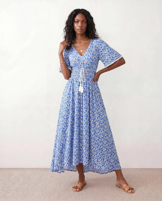 Ines V-Neck Floral Maxi Dress in Blue — front view