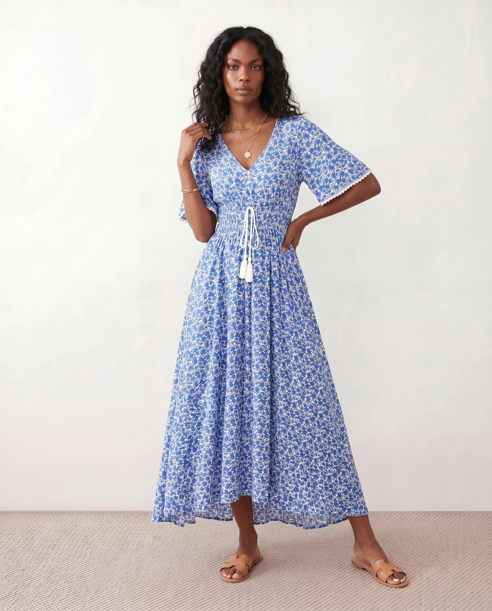 Ines V-Neck Floral Maxi Dress in Blue — front view