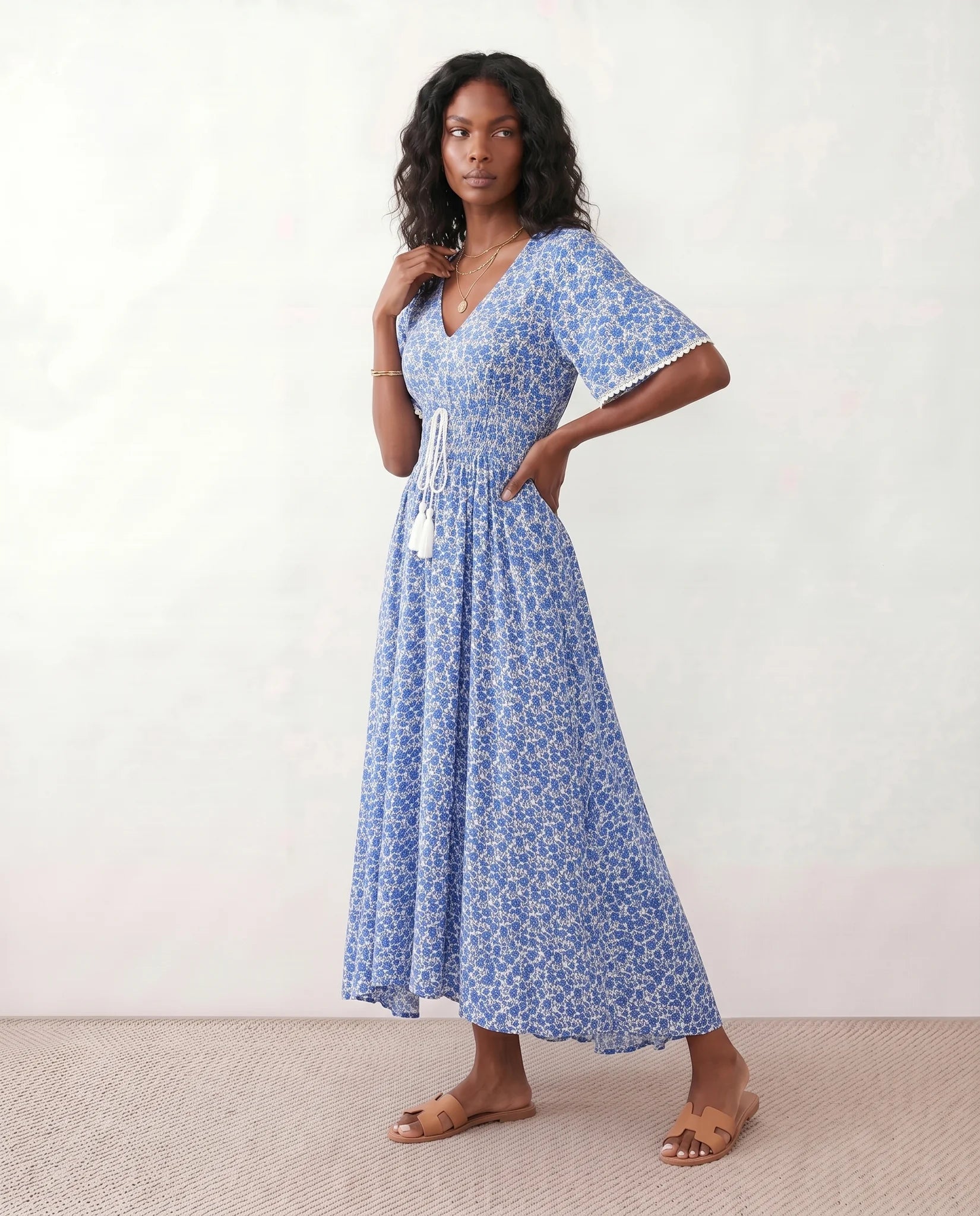 Ines V-Neck Floral Maxi Dress in Blue — side view