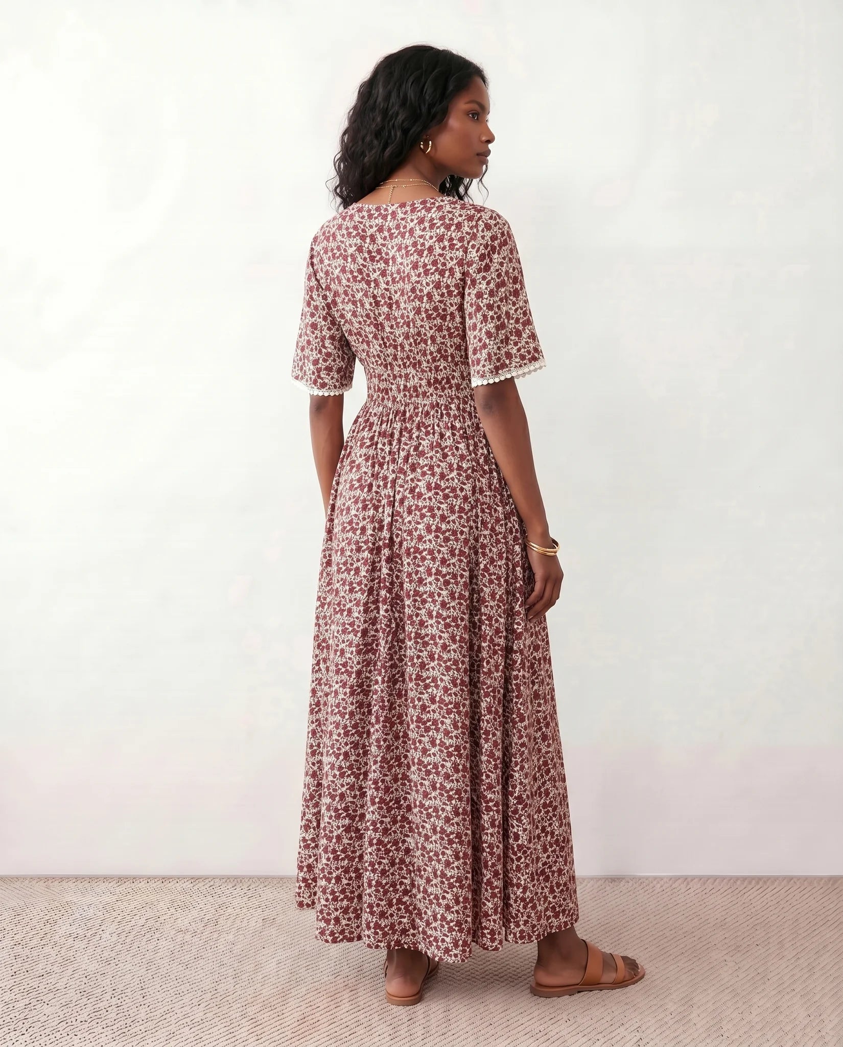 Ines V-Neck Floral Maxi Dress in Red — back view
