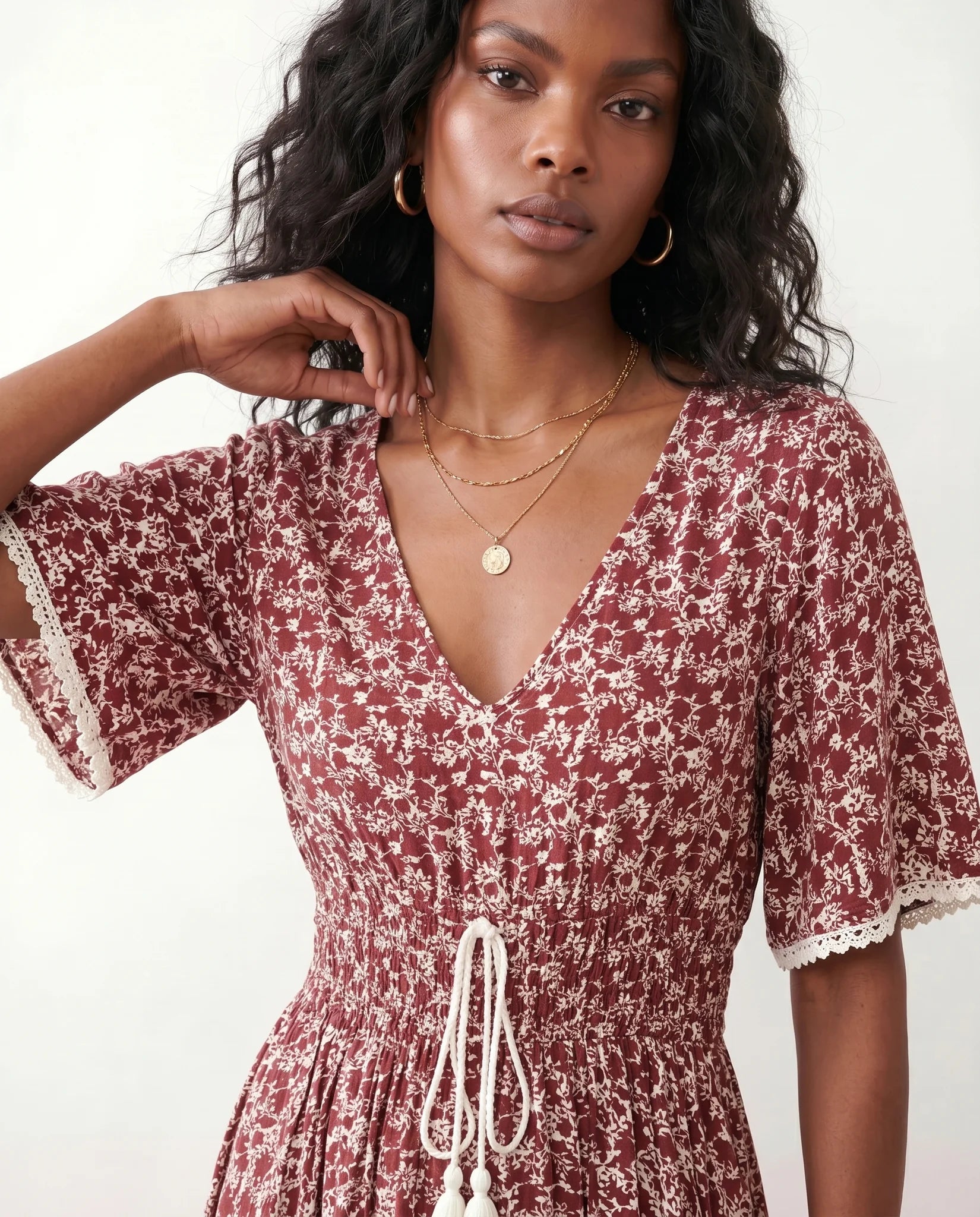 Ines V-Neck Floral Maxi Dress in Red — detail close-up