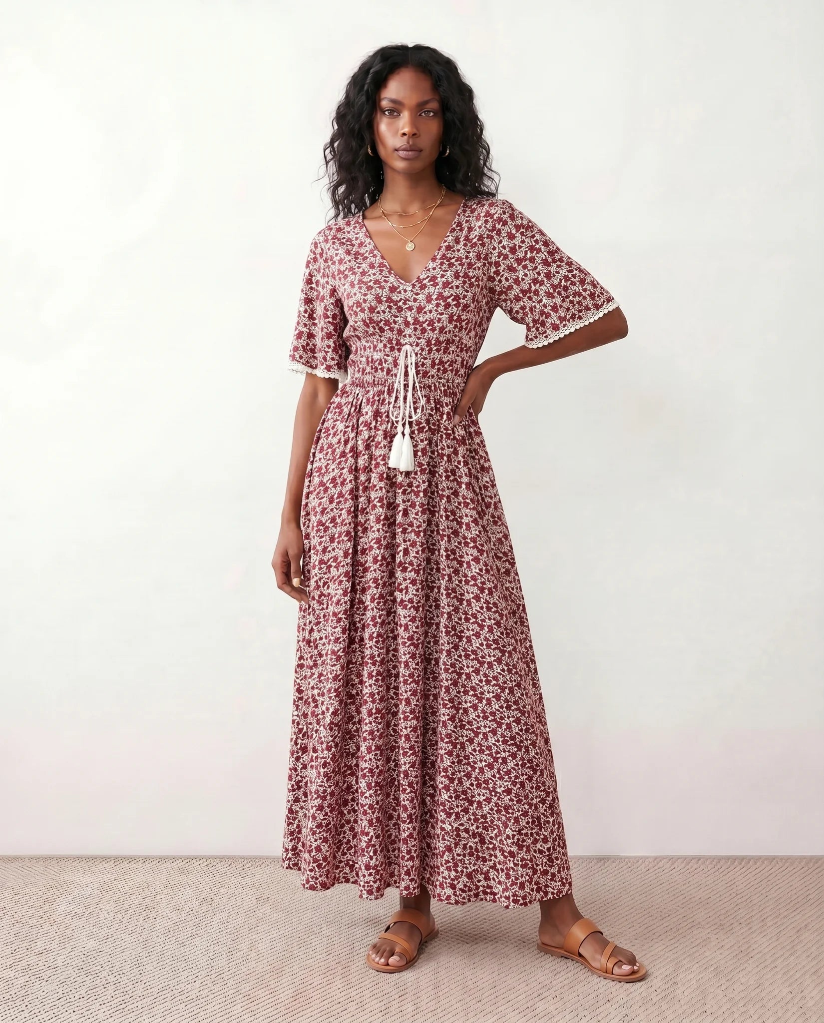 Ines V-Neck Floral Maxi Dress in Red — front view
