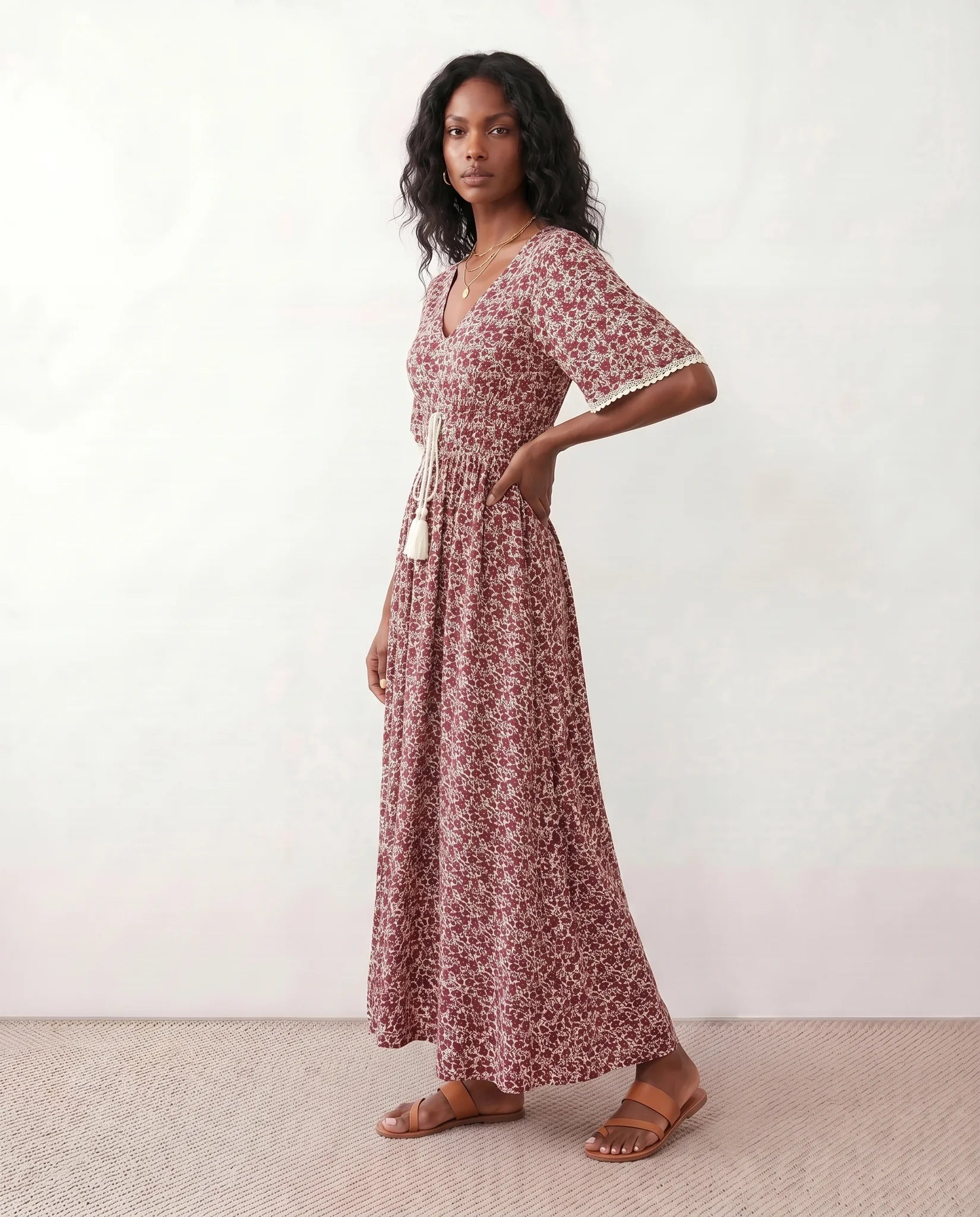 Ines V-Neck Floral Maxi Dress in Red — side view