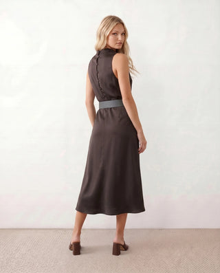 Eden Cocktail Glossy Midi Dress in Brown — back view