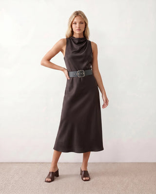 Eden Cocktail Glossy Midi Dress in Brown — front view
