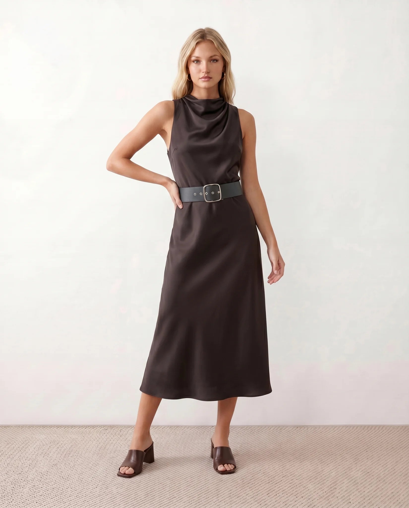 Eden Cocktail Glossy Midi Dress in Brown — front view