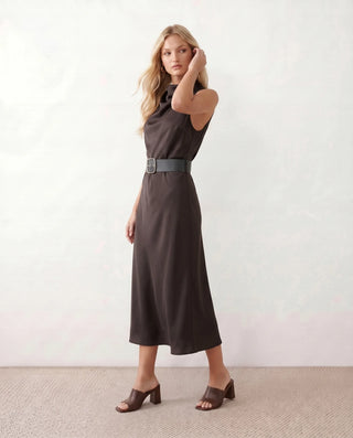 Eden Cocktail Glossy Midi Dress in Brown — side view