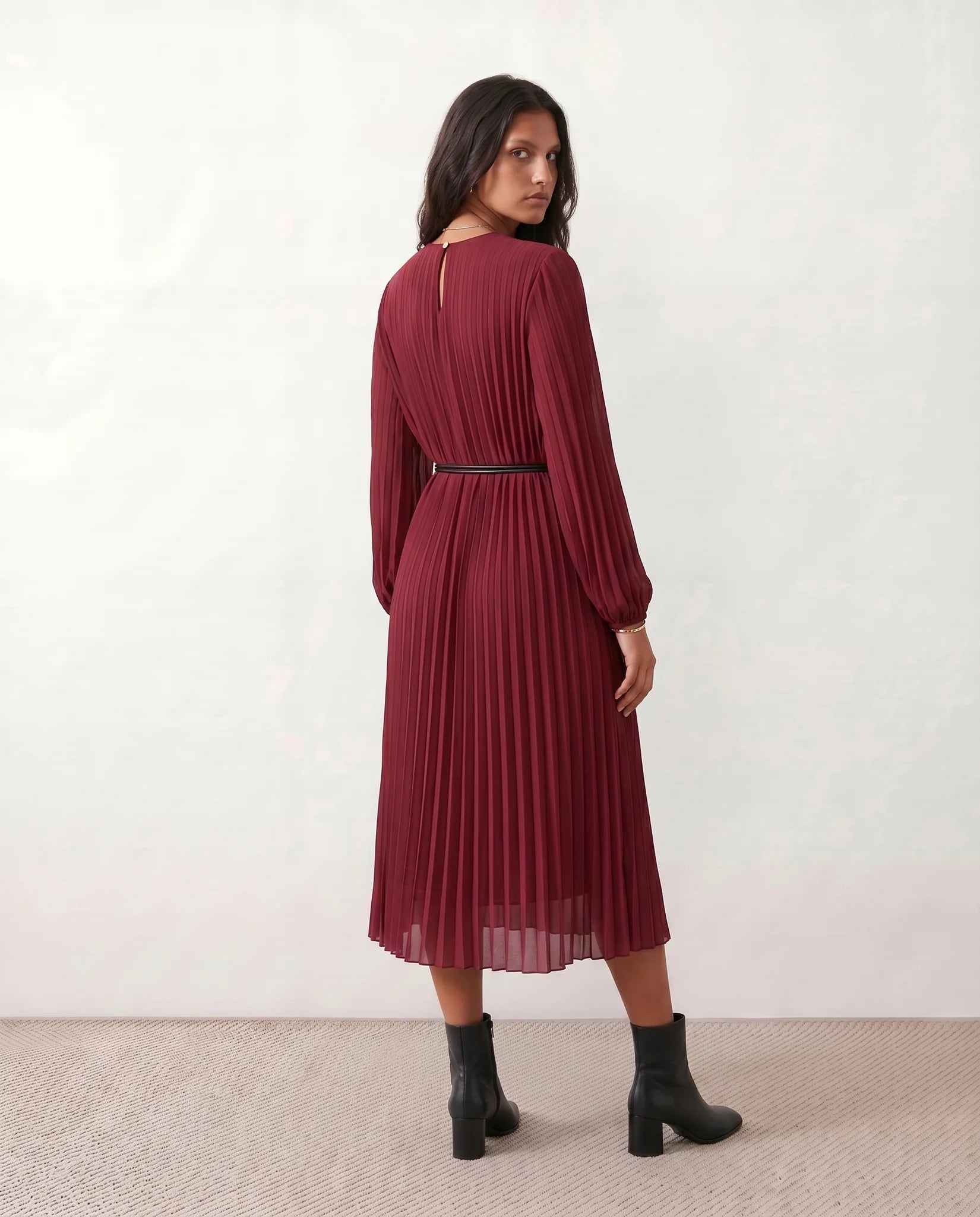 Orla Wedding Guest Pleated Midi Dress in Burgundy — back view