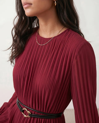 Orla Wedding Guest Pleated Midi Dress in Burgundy — detail close-up