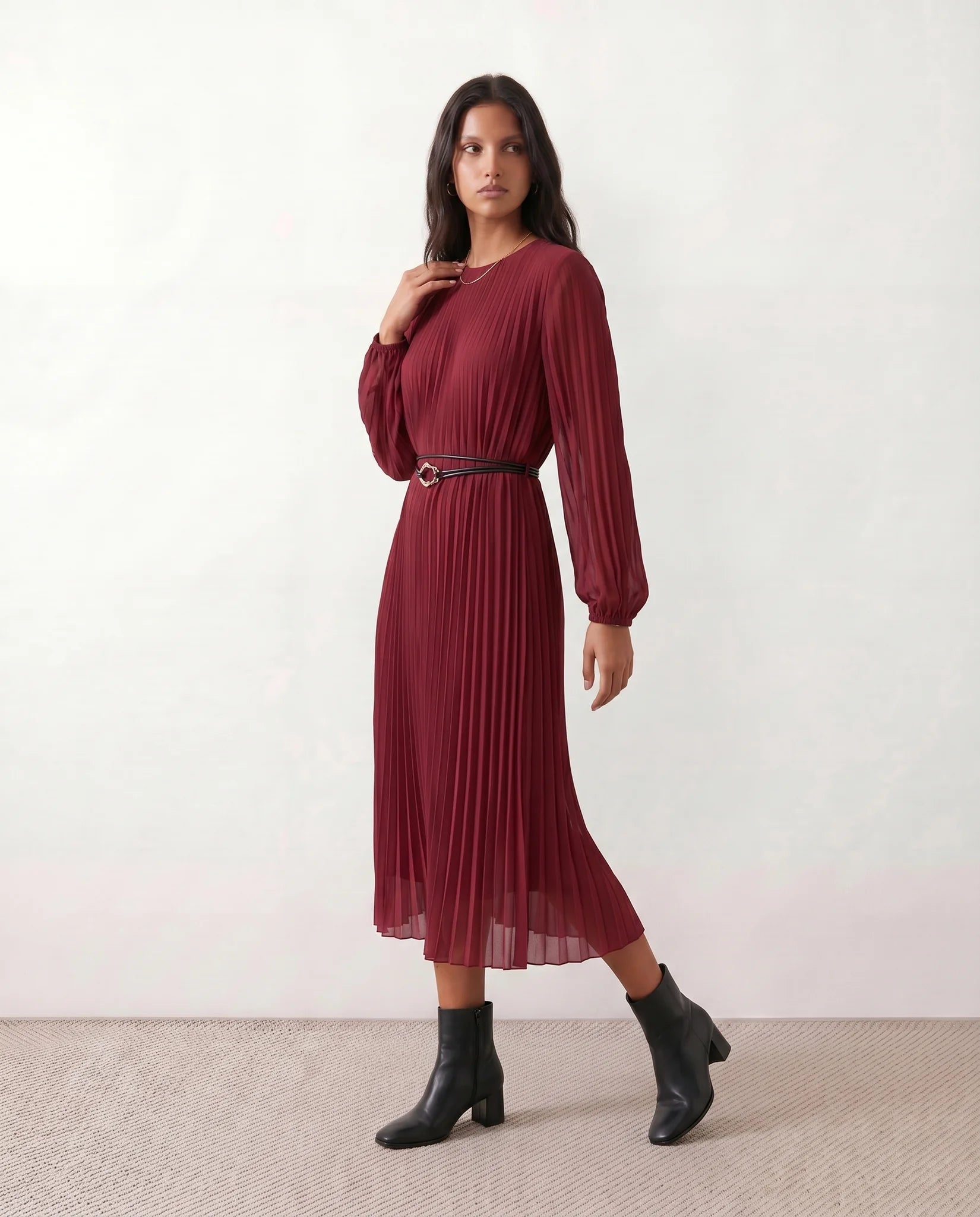 Orla Wedding Guest Pleated Midi Dress in Burgundy — side view