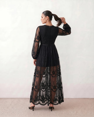Zia Wedding Guest Lace Maxi Dress in Black — back view