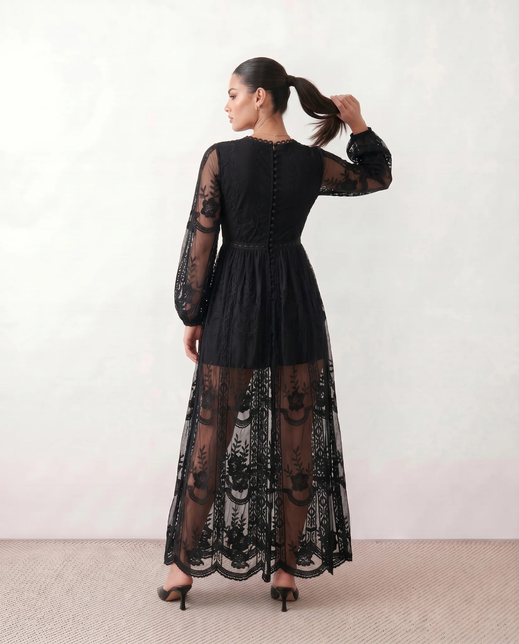 Zia Wedding Guest Lace Maxi Dress in Black — back view