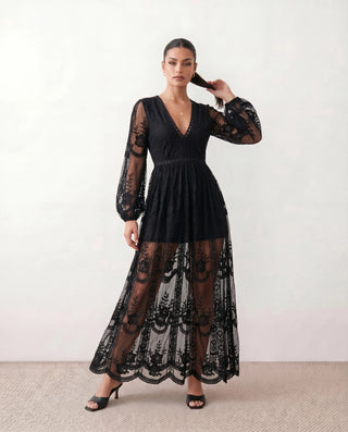 Zia Wedding Guest Lace Maxi Dress in Black — front view
