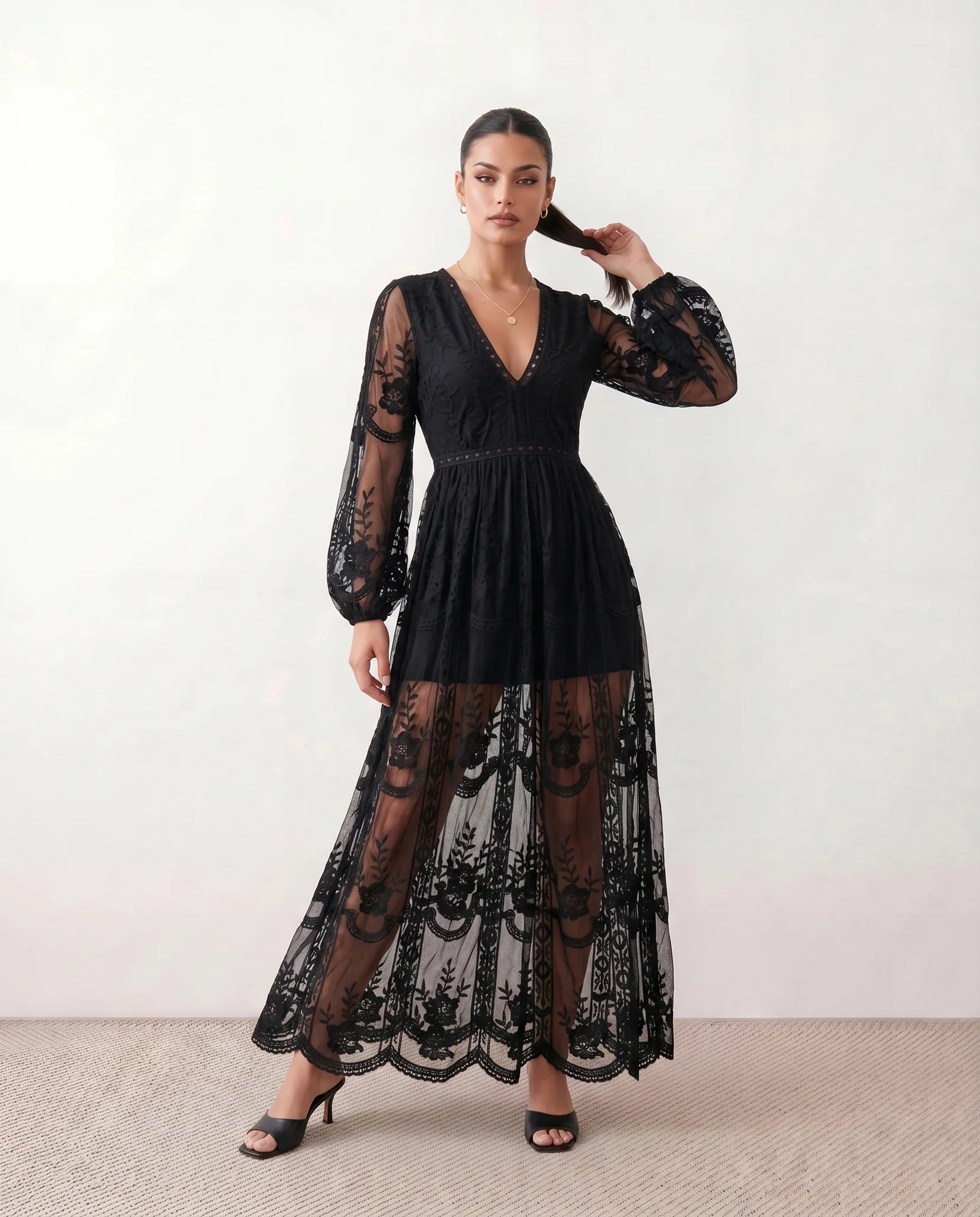 Zia Wedding Guest Lace Maxi Dress in Black — front view