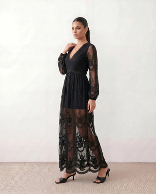 Zia Wedding Guest Lace Maxi Dress in Black — side view