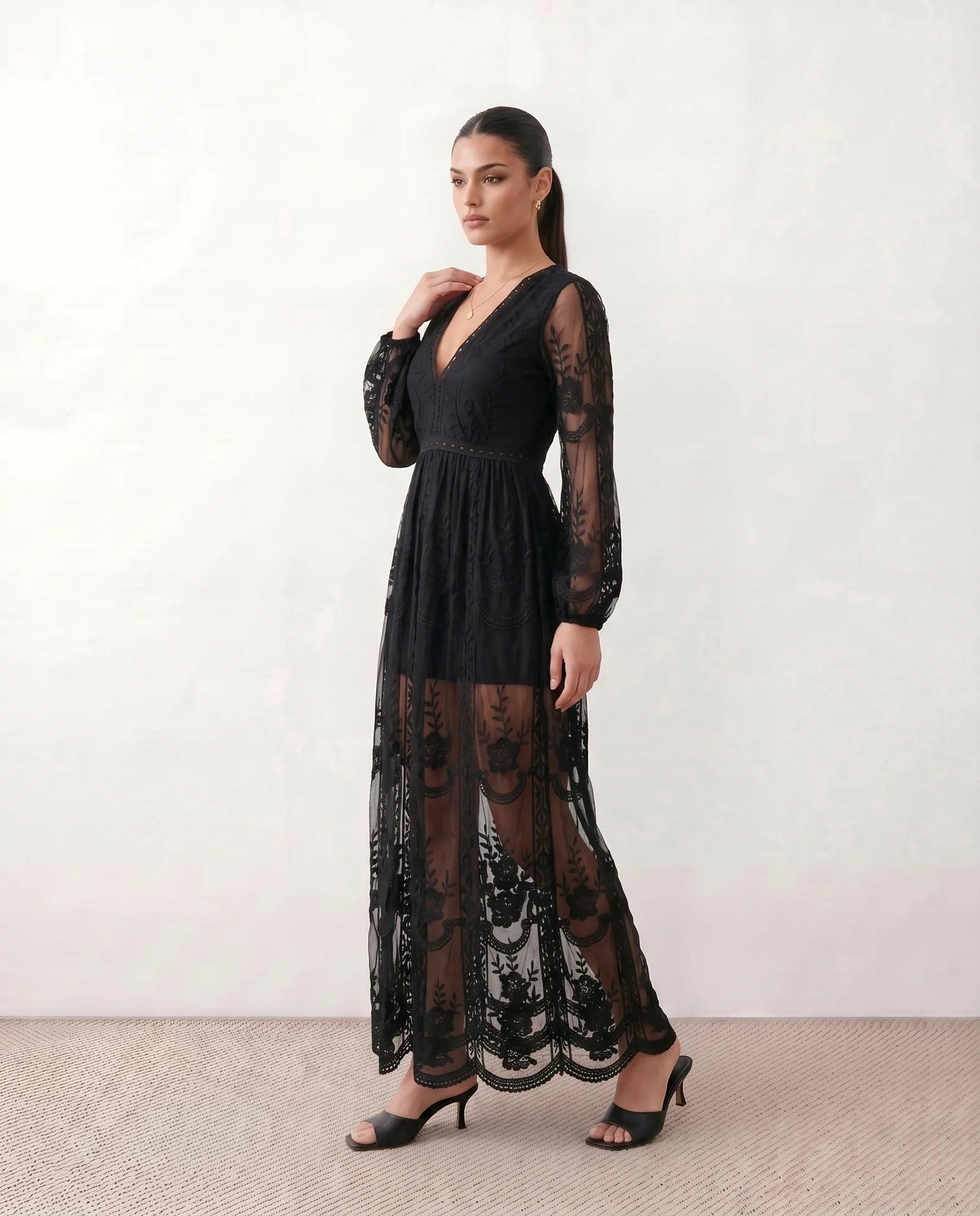Zia Wedding Guest Lace Maxi Dress in Black — side view