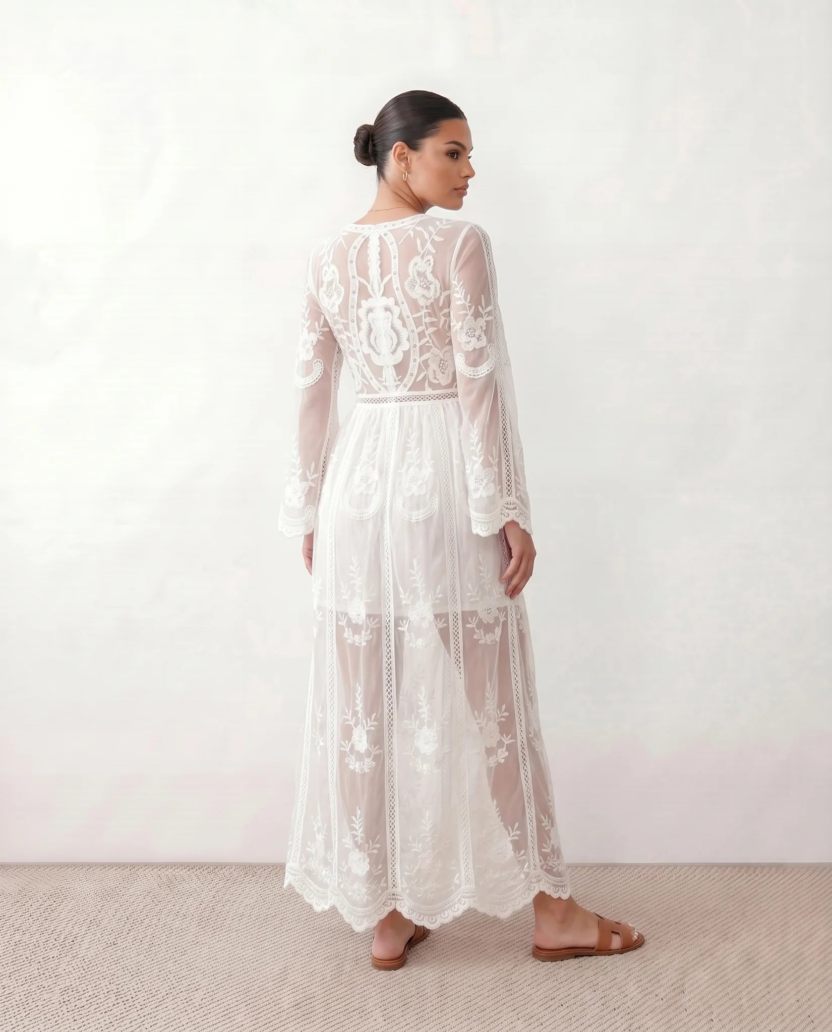 Zia Wedding Guest Lace Maxi Dress in White — back view