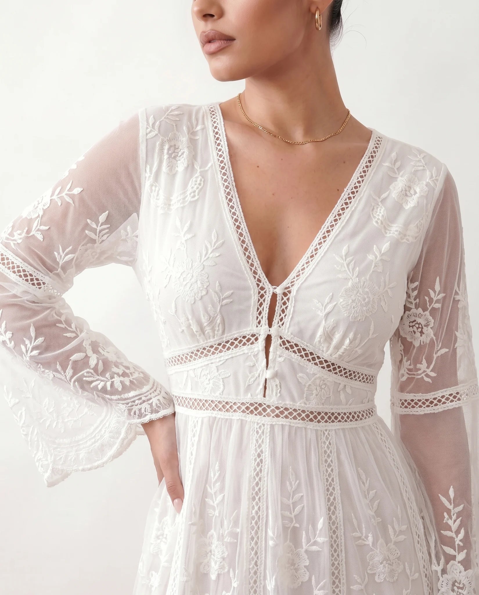 Zia Wedding Guest Lace Maxi Dress in White — detail close-up