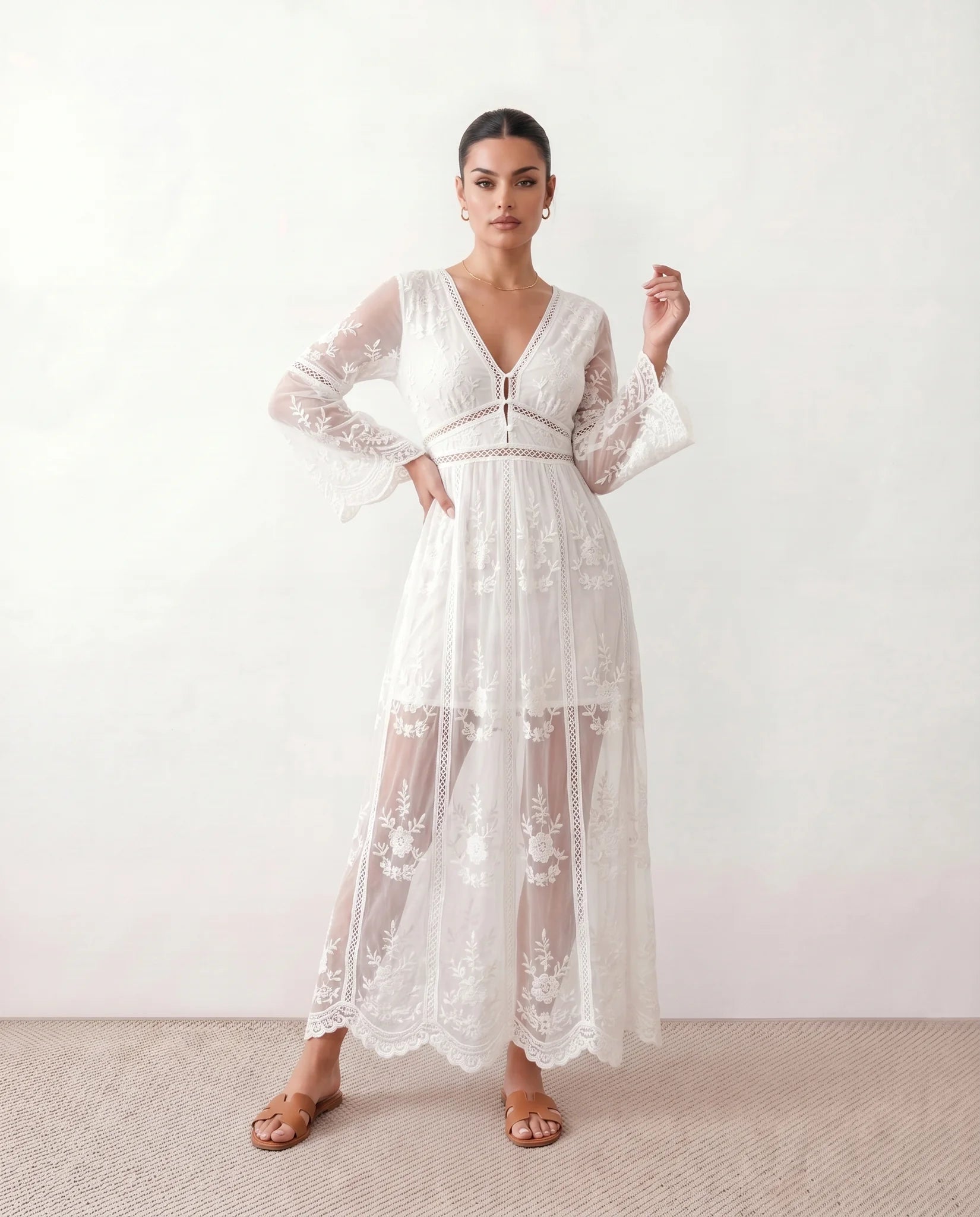 Zia Wedding Guest Lace Maxi Dress in White — front view