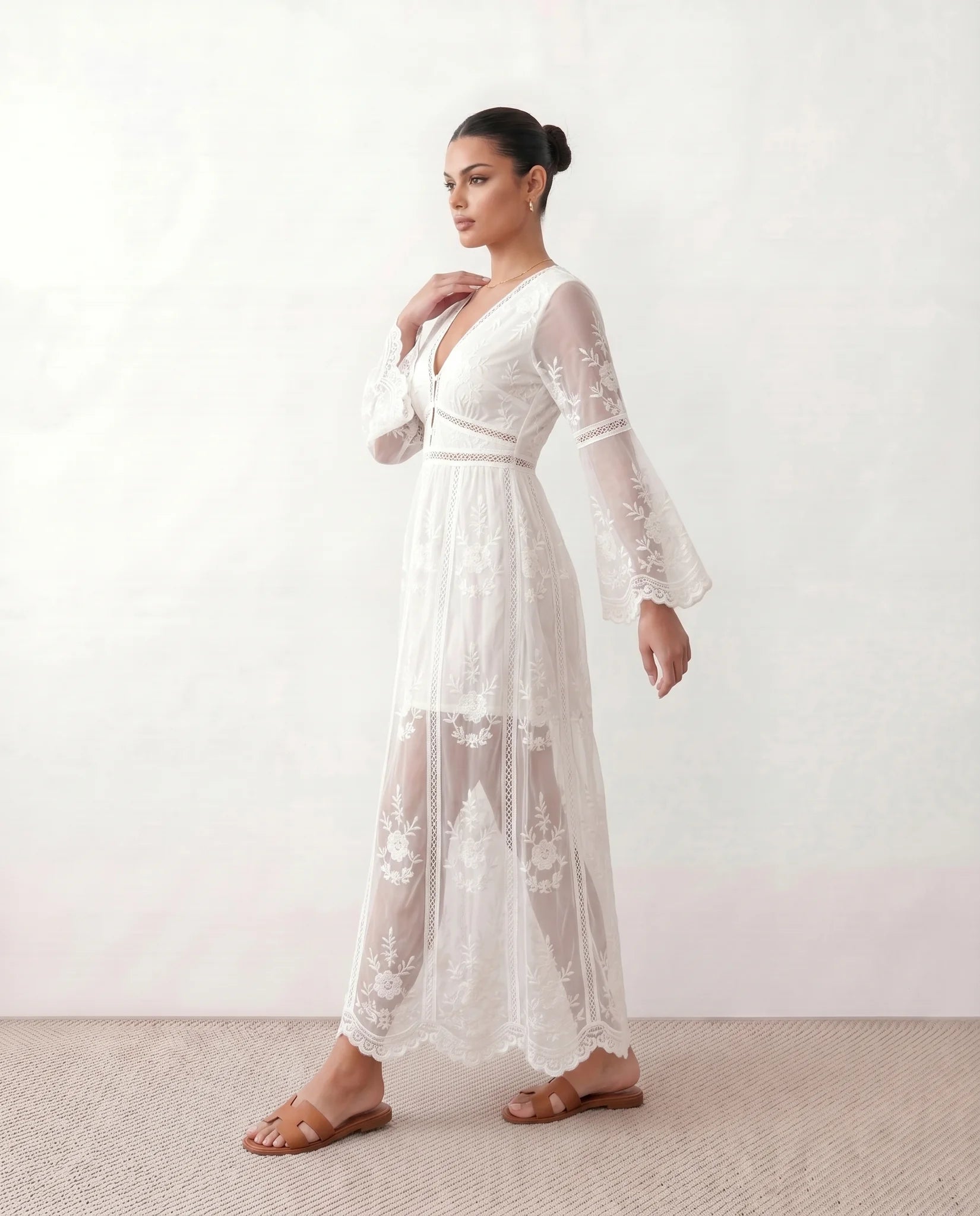 Zia Wedding Guest Lace Maxi Dress in White — side view