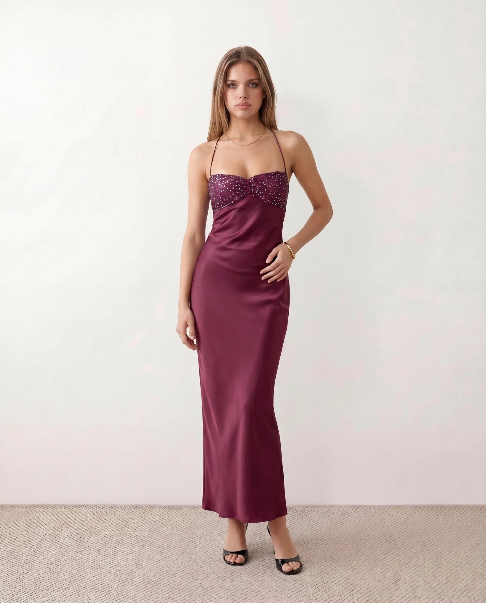 Sylvie Party Sequined Maxi Dress in Burgundy — front view