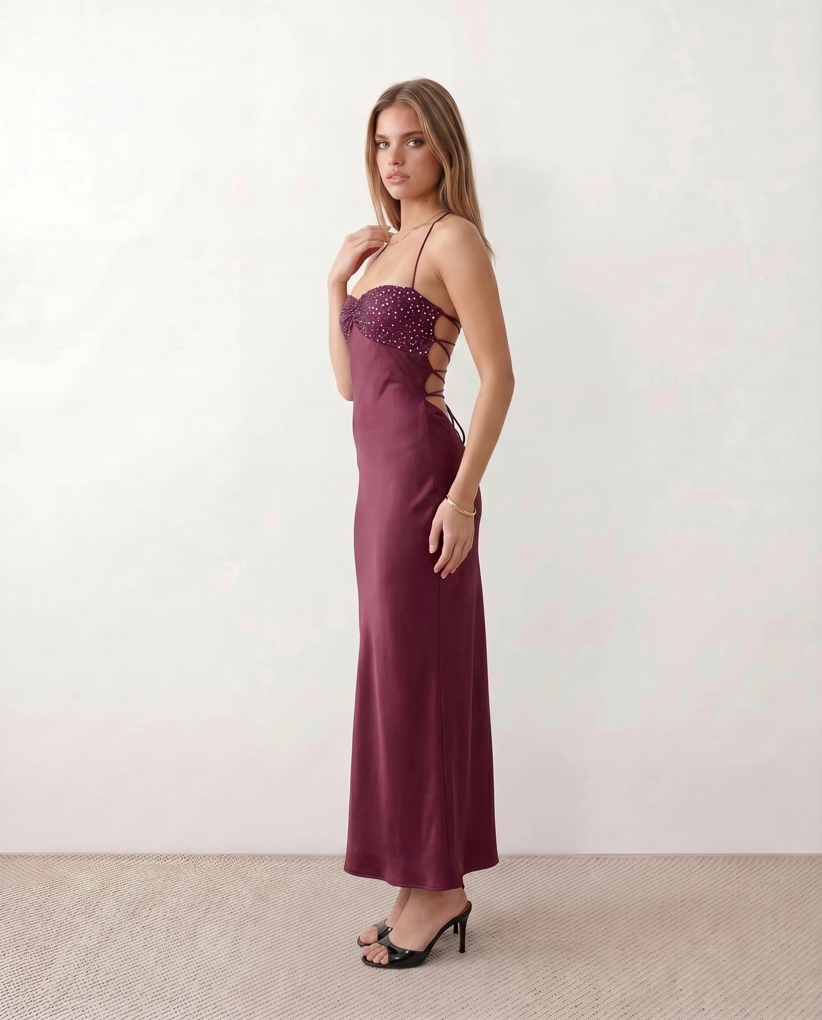 Sylvie Party Sequined Maxi Dress in Burgundy — side view