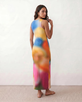 Calia Abstract Print Side Slit Maxi Dress in Tie dye Orange — back view