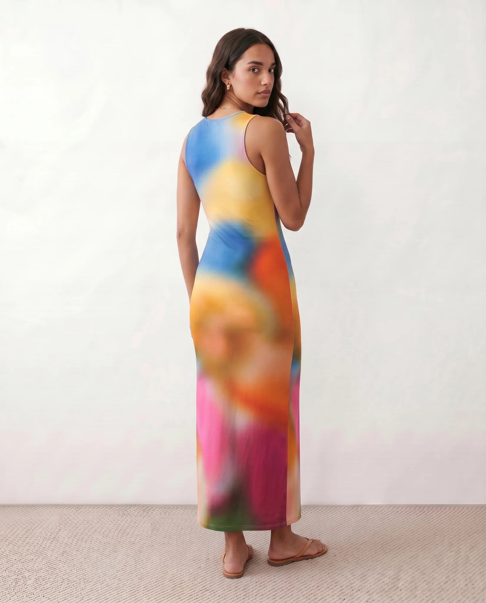 Calia Abstract Print Side Slit Maxi Dress in Tie dye Orange — back view