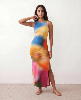 Calia Abstract Print Side Slit Maxi Dress in Tie dye Orange — front view