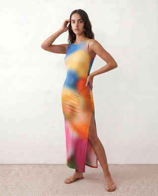 Calia Abstract Print Side Slit Maxi Dress in Tie dye Orange — side view