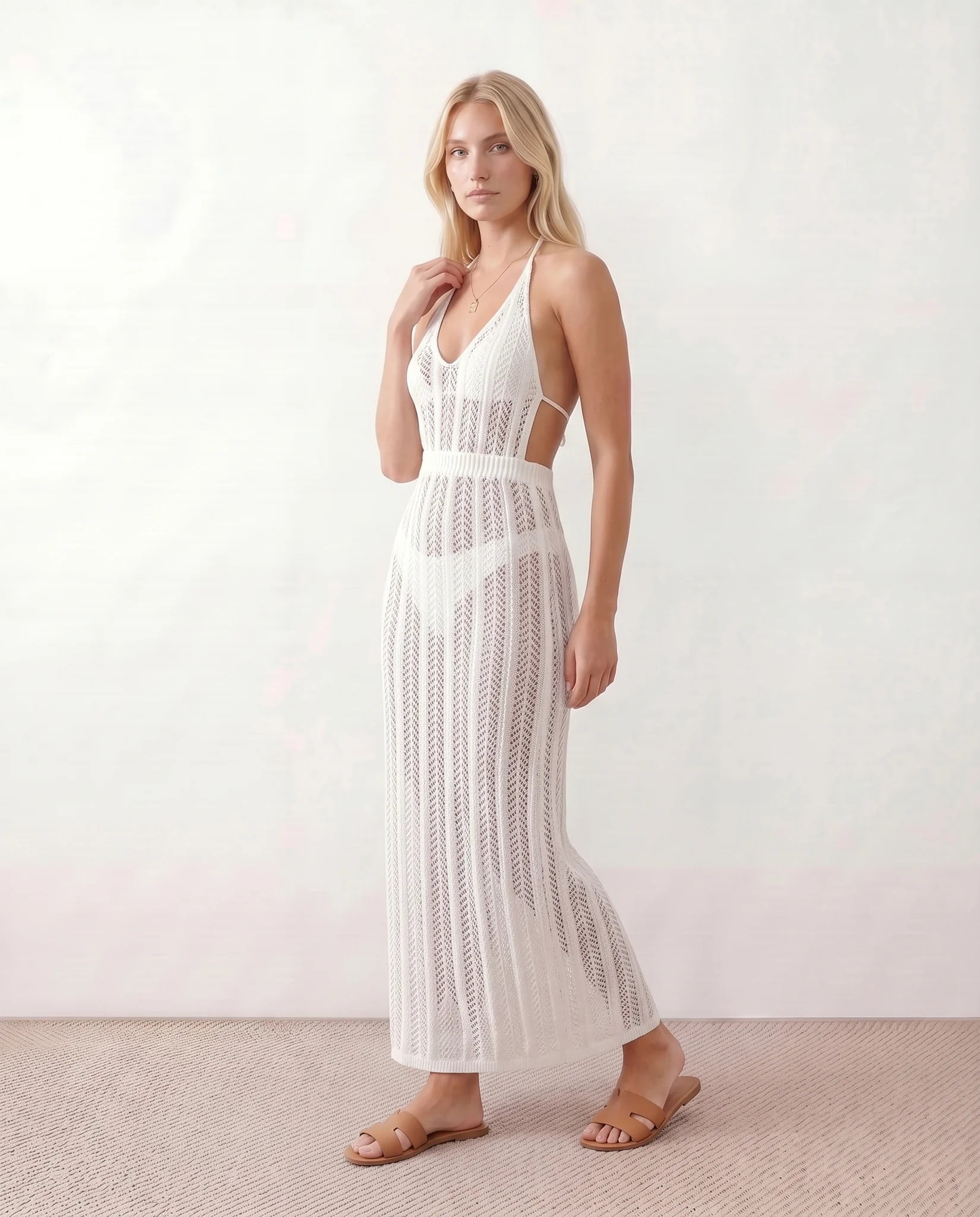 Piper Beach Crochet Maxi Dress in White — side view
