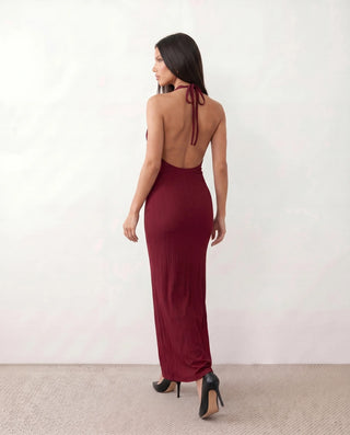 Isla Cocktail Ribbed Maxi Dress in Red — back view